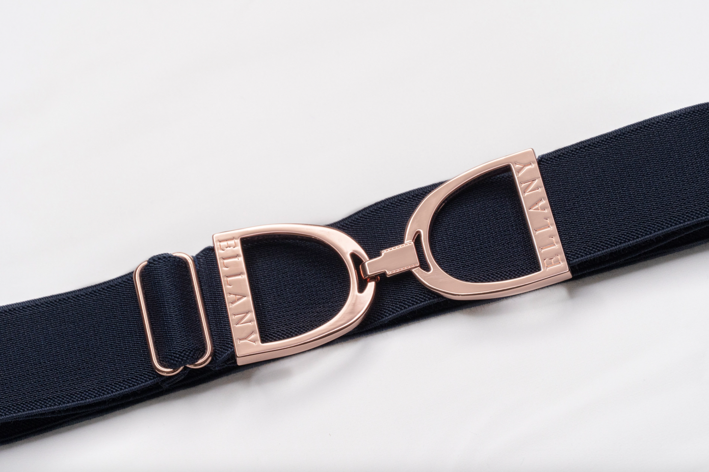Ellany Elastic Belt - Navy 1.5" Rose Gold Stirrup