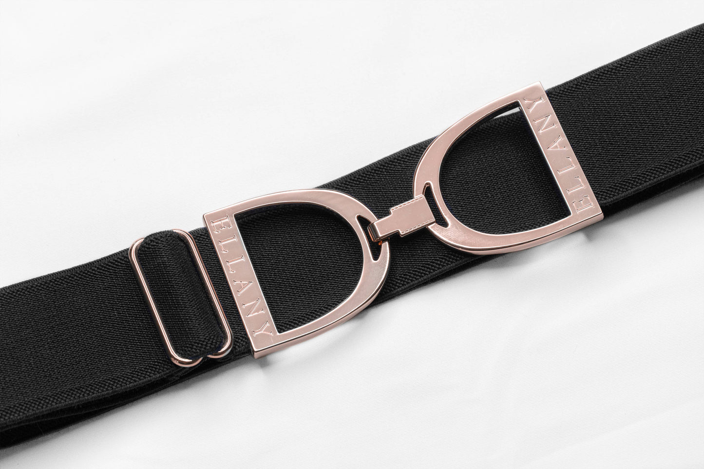 Ellany Elastic Belt - Black 1.5" Rose Gold Stirrup