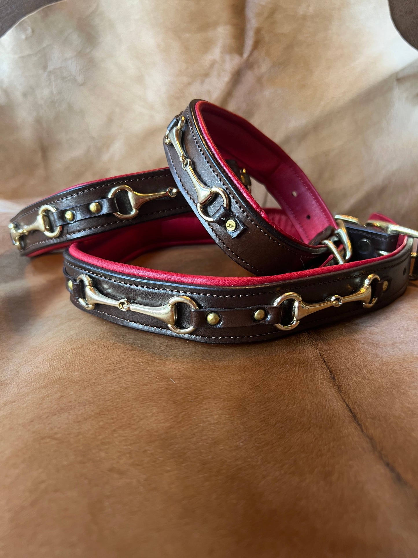 Snaffle Bit Padded Leather Dog Collar - Red