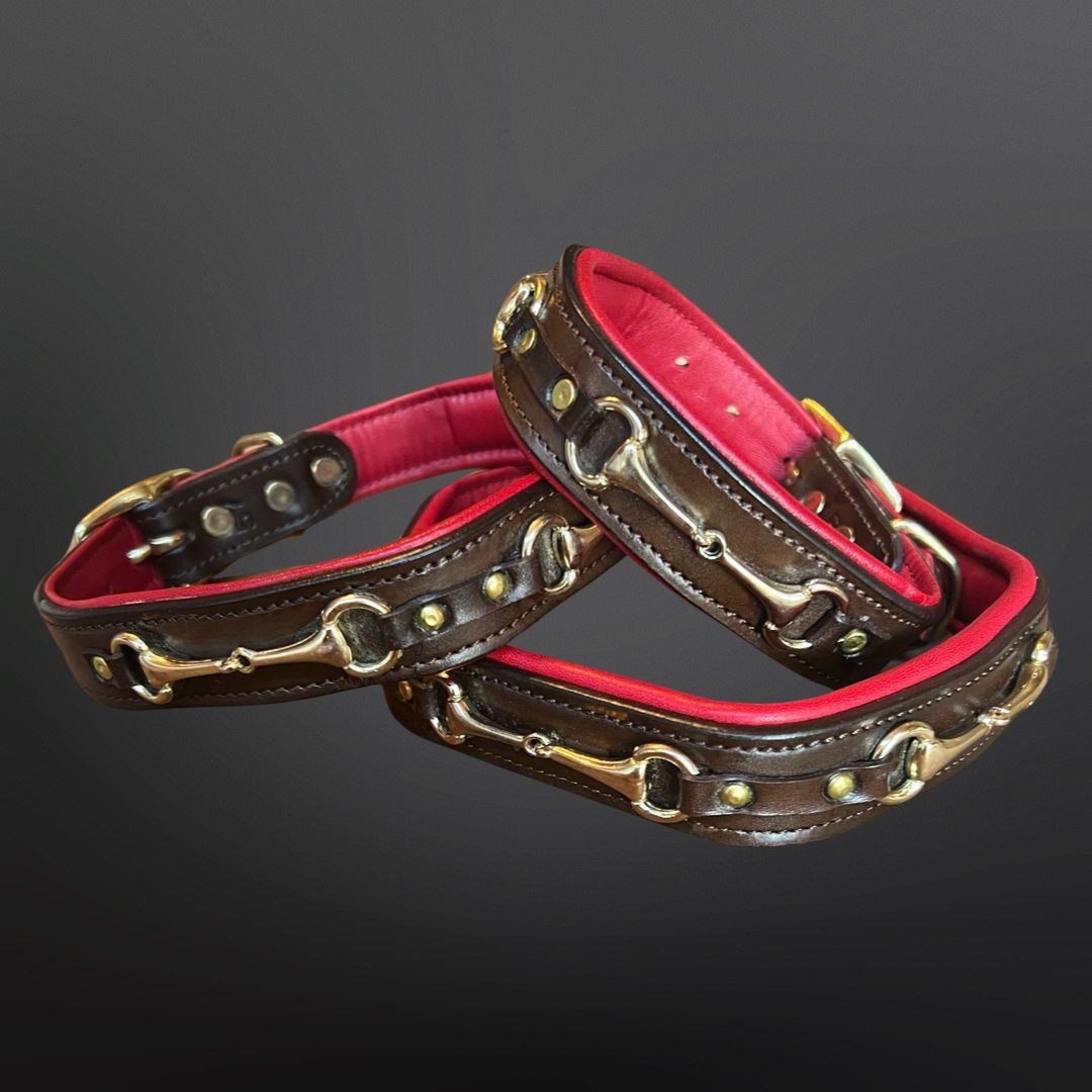 Snaffle Bit Padded Leather Dog Collar - Red