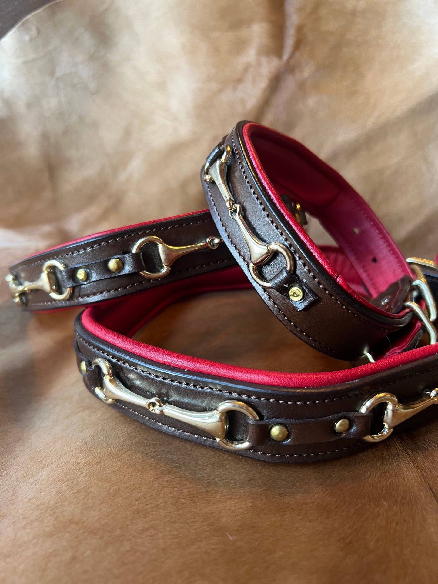 Snaffle Bit Padded Leather Dog Collar - Red